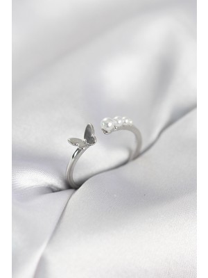 KSB Store Incili Kelebek Model Gümüş Renk Pirinç Kadın Yüzük - Lisinya