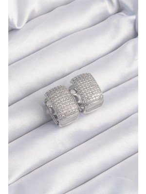 Ergün Store Pirinç Gümüş Renk Zirkon Taşlı Minimal Halka Küpe - Lisinya