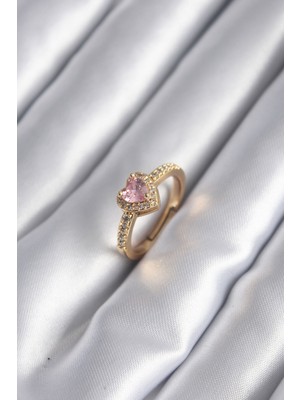 KSB Store Pirinç Gold Renk Pembe Zirkon Taş Kalp Charm Model Kadın Yüzük - Lisinya
