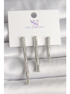 KSB Store Pirinç Gümüş Renk Zirkon Taşlı Bambu Model 3'lü Kadın Kombin Küpe - Lisinya