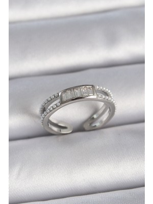 KSB Store Pirinç Gümüş Renk Ayarlanabilir Sıralı Incili Zirkon Taşlı Kadın Yüzük - Lisinya