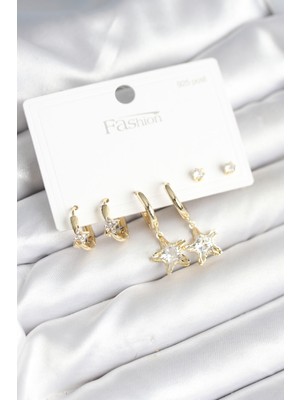 Ergün Store Pirinç Gold Renk Yıldız Model 925 Gümüş Çivili Kadın Küpe Seti - Lisinya