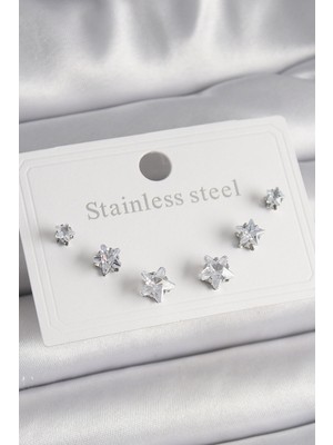 Ergün Store 316L Çelik Gümüş Renk Zirkon Taşlı Yıldız Model Kadın Küpe Seti - Lisinya