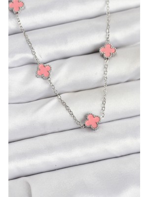 KSB Store 316L Çelik Zincir Gümüş Renk Pembe Baby Boy Yonca Kadın Kolye - Lisinya