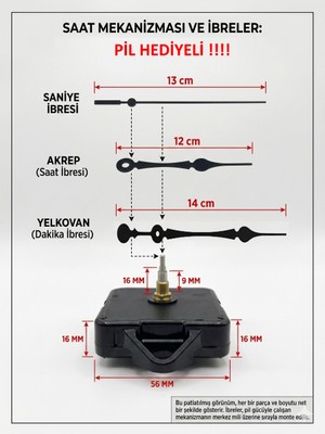Silva Nature Akar Saat Mekanizması Sessiz Duvar Saat Mekanizması 16 mm Şaft -Akrep-Yelkovan-Saniye-Askılı