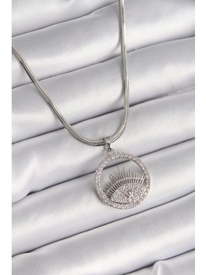 Ergün Store 316L Çelik Gümüş Renk Italyan Zincir Zirkon Taşlı Göz Model Kadın Kolye - Lisinya