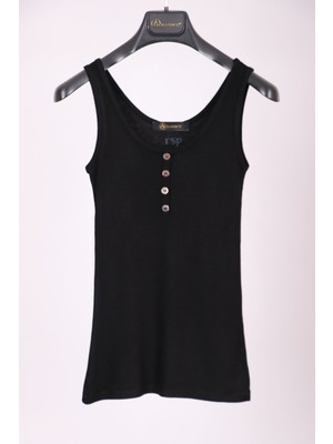 Aclassics Siyah Kalın Askılı Düğme Detaylı Pamuk Slim Fit  Atlet  T-Shirt