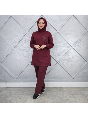 Esra Butik Bordo Taş Detaylı Tesettür Tunik Pantolon Ikili Takım – Günlük Spor Şık Kombin
