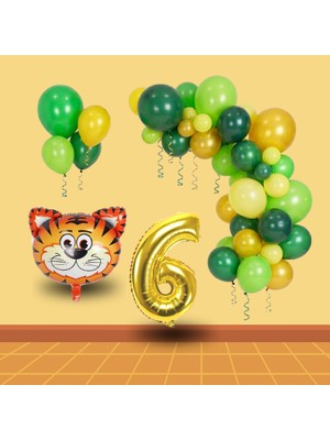 Tedaks Safari Temalı Folyo Kaplan Yeşil Sarı Gold Balonlar Gold Rakam Doğum Günü Süsü