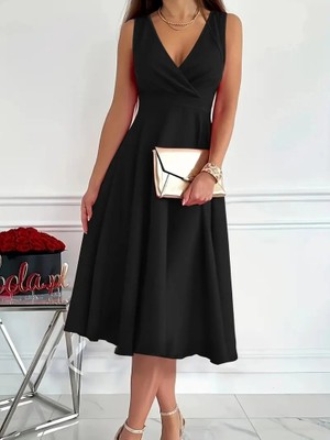 Secret Sita Kadın Ithal Krep Kumaş Kruvaze Yaka Eteği Kloş Kolsuz Mini Elbise