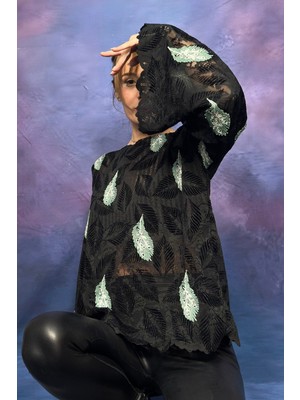 Quincey Yeşil Kuştüyü Işlemeli Dantel Dokulu Bluz