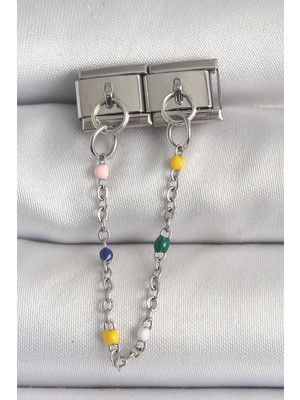 Ergün Store 316L Çelik Gümüş Renk 2'li Sallantı Zincir Model Nomination Charm - Lisinya