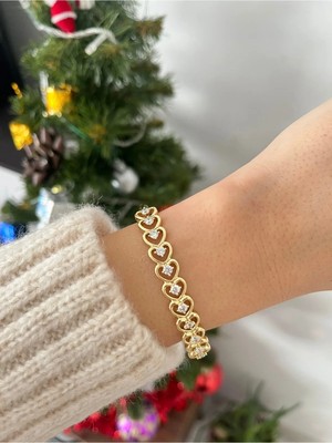 Nergis Collection 14K Kadın Xuping Kelepçe Bileklik Kalpli Zirkon Taşlı Bileklik