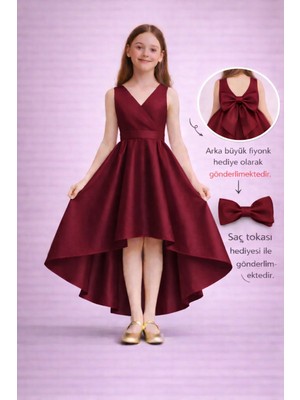 Masho Trend Stir Kız Çocuk Abiye - Kruvaze Yaka Pamuk Astarlı Saten Mezuniyet Elbisesi - Kız Çocuk Balo Elbisesi