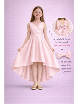 Masho Trend Stir Kız Çocuk Abiye - Kruvaze Yaka Pamuk Astarlı Saten Mezuniyet Elbisesi - Kız Çocuk Balo Elbisesi