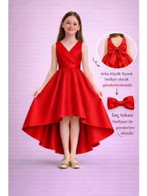 Masho Trend Stir Kız Çocuk Abiye - Kruvaze Yaka Pamuk Astarlı Saten Mezuniyet Elbisesi - Kız Çocuk Balo Elbisesi