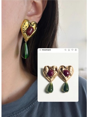 Nergis Collection Kadın Marka Model Bordo Yeşil Kalp Plaka Küpe