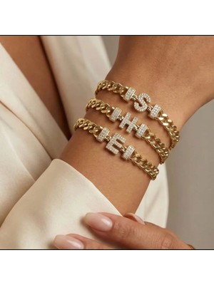 Nergis Collection Kadın Altın 14K Gurmet Zincir Zirkon Taşlı Harfli Bileklik ( Soru Sor Kısmından Harf Belirtiniz)