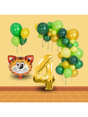 Tedaks Safari Temalı Folyo Kaplan Yeşil Sarı Gold Balonlar Gold Rakam Doğum Günü Süsü