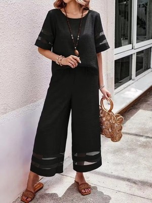 Secret Sita Kadın Kısa Kollu Bisiklet Yakalı Tül Şerit Detaylı Bluz ve Pantolon Ikili Takım