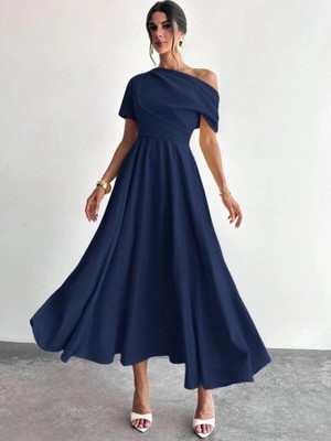 Secret Sita Kadın Omuzdan Açık Kısa Kollu Omuzdan Pileli Uzun Janjan Krep Elbise