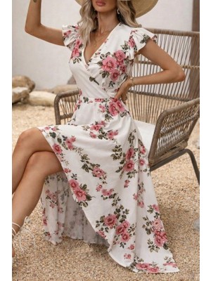 Secret Sita Kadın Kısa Kollu Kruvaze Yakalı Önü Asimetrik Detaylı Uzun Çiçek Desenli Süprem Elbise