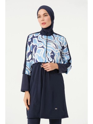 Tesmay Kadın Lacivert Desenli Kaplı Tam Kapalı Tesettür Mayo