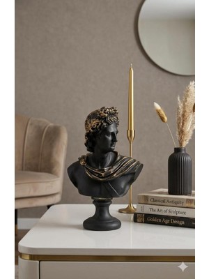 Mirsa Global Dekoratif Apollo Büst Biblo – Antik Yunan Heykel Tarzı, Erkek Model Biblo Siyah Gold Detaylı Lüks Salon Konsol Süs Objesi ( Polyester)