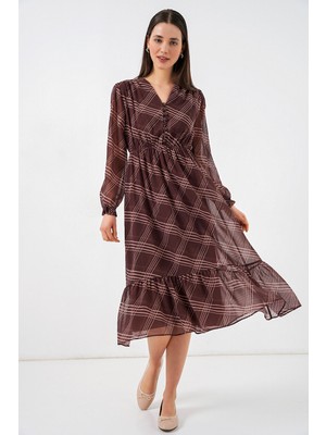 Bigdart 2137 Desenli Şifon Elbise - A.kahve