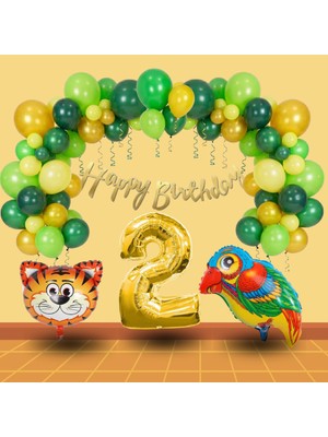 Tedaks Pompa Hediyeli Safari Tema Folyo Kaplan Papağan Gold Rakam Yeşil Sarı Gold Balon Doğum Günü Süsü