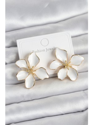 Ergün Store Beyaz Mineli Çiçek Model Pirinç Kadın Küpe - Lisinya