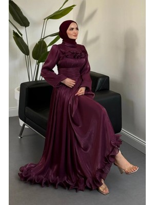 Merven Akyüz Maryam Altı ve Göğüs Kısmı Fırfırlı Janjan Abiye Mor