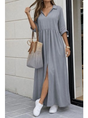 Secret Sita Kadın Truvakar Kollu V Yakalı Yırtmaçlı Uzun Aerobin Elbise