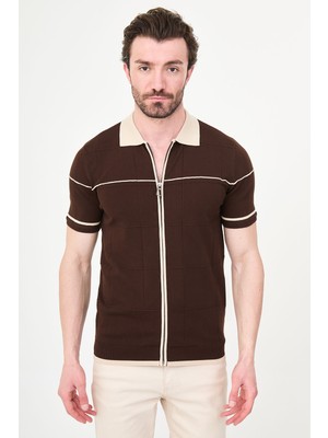 MCR Düz Slim Fit Polo Yaka Fermuarlı Kısa Kol Erkek Triko T-Shirt