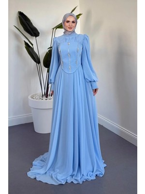 Merven Akyüz  Saphielle Seyyar Taşlı Korseli Abiye Bebe Mavisi