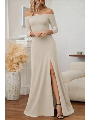 Secret Sita Kadın Uzun Kollu Madonna Yakalı Yırtmaç Detaylı Uzun Ithal Krep Elbise