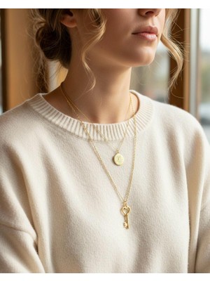 Vintage Takı Altın Rengi Anahtar Ikili Kolye - Gold Kolye