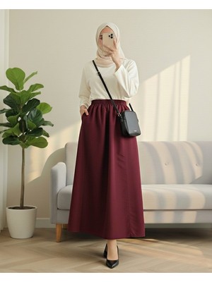 Modamorfo Beli Lastikli Cepli Paraşüt Etek  -Bordo