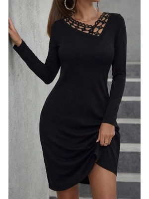 Secret Sita Kadın Uzun Kollu Dantel Yaka Ithal Krep Mini Elbise