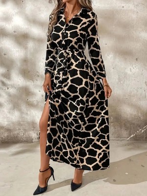 Secret Sita Kadın Uzun Kollu Yakalı Önü Düğmeli Desenli Belden Kuşaklı Uzun Süprem Elbise