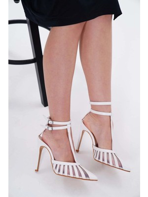 La Limar 10.5 cm Beyaz Cilt Fileli Kadın Topuklu Stletto