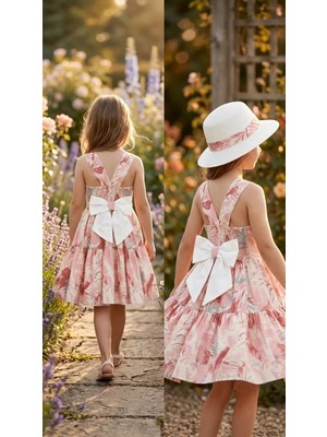 Serkon Kız Çocuk Çiçek Desenli Pamuklu Kolsuz Kat Kat Fırfırlı Şapkalı Bayramlık Yazlık Elbise