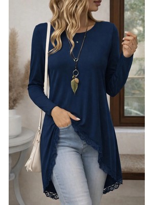 Secret Sita Kadın Uzun Kollu Bisiklet Yaka Asimetrik Kesim Detaylı Dantelli Viskon Bluz