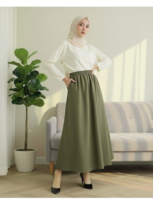 Modamorfo Beli Lastikli Cepli Paraşüt Etek  -Haki