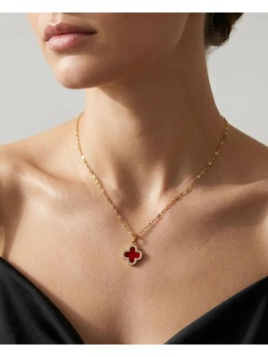 Liyona Bordo Gold Yonca Model Çelik Kolye