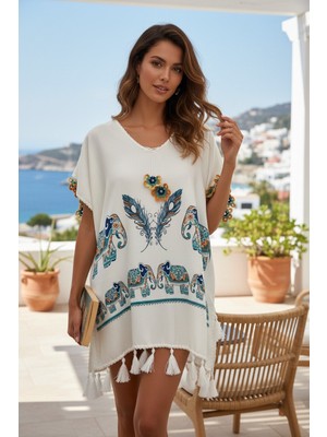 Tosbik Otantik Kişiye Özel Tasarım Fil Basılı El Işi Motifli Püsküllü Viskon Pareo