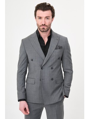 MCR Çizgili Slim Fit Geniş Yaka Kruvaze Premium Yün Erkek Takım Elbise