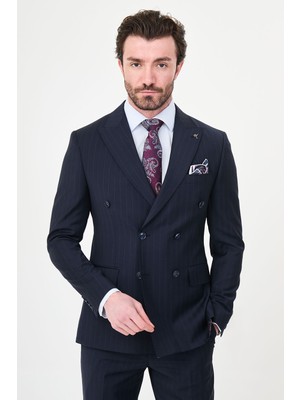 MCR Çizgili Slim Fit Geniş Yaka Kruvaze Premium Yün Erkek Takım Elbise