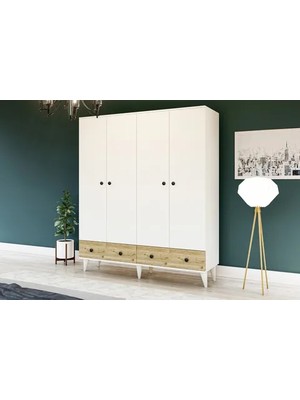 Vivense Metalia Perlino Ayaklı Gardırop, 4 Kapaklı 2 Çekmeceli