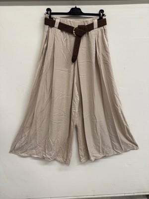 Della Moor Bej Kadın Italyan Dev Geniş Paça Kemerli Beli Lastikli Tencel Kumaş Salaş Etek Pantolon